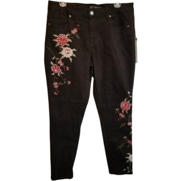 Sandpiper Women's Black Floral Embroidered Stretch Ankle Jeans‎ Size 12 New - Picture 2 of 12